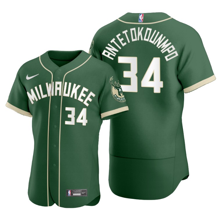 Men's Milwaukee Bucks #34 Giannis Antetokounmpo Green 2020 NBA X MLB Crossover Edition Stitched Jersey Men's Milwaukee Bucks #34 Giannis Antetokounmpo Green 2020 NBA X MLB Crossover Edition Stitched Jersey